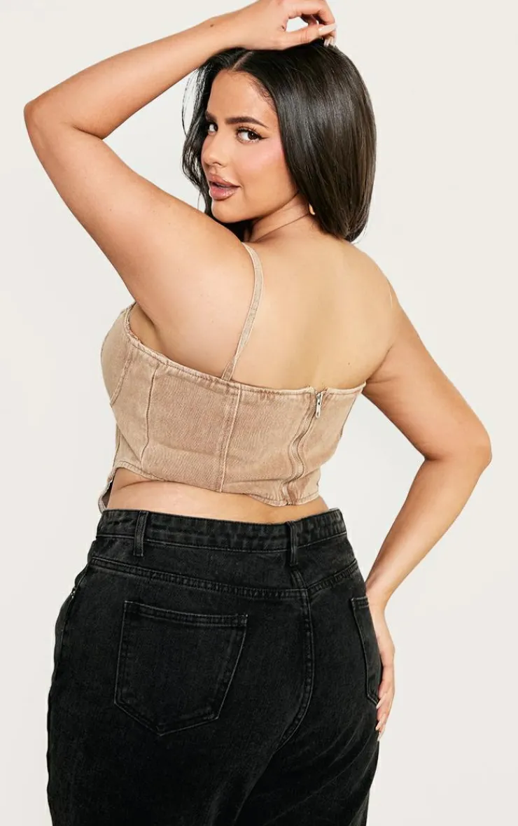 PrettyLittleThing Corsets*Plus Brown Washed Denim Dipped Hem Corset Top