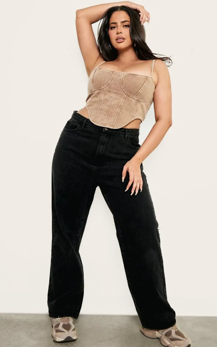PrettyLittleThing Corsets*Plus Brown Washed Denim Dipped Hem Corset Top