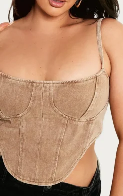 PrettyLittleThing Corsets*Plus Brown Washed Denim Dipped Hem Corset Top