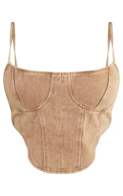 PrettyLittleThing Corsets*Plus Brown Washed Denim Dipped Hem Corset Top