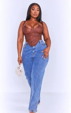 PrettyLittleThing Corsets*Plus Washed Faux Leather Cross Halterneck Dip Hem Corset