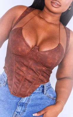 PrettyLittleThing Corsets*Plus Washed Faux Leather Cross Halterneck Dip Hem Corset