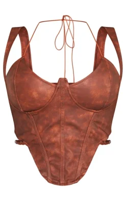 PrettyLittleThing Corsets*Plus Washed Faux Leather Cross Halterneck Dip Hem Corset