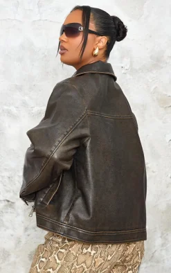 PrettyLittleThing Bomber Jackets*Plus Washed Faux Leather Pocket Detail Bomber Jacket