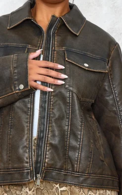 PrettyLittleThing Bomber Jackets*Plus Washed Faux Leather Pocket Detail Bomber Jacket