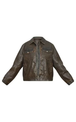PrettyLittleThing Bomber Jackets*Plus Washed Faux Leather Pocket Detail Bomber Jacket
