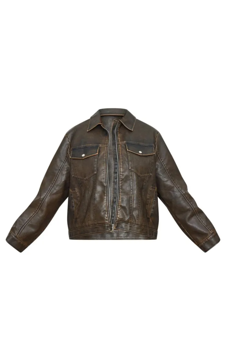 PrettyLittleThing Bomber Jackets*Plus Washed Faux Leather Pocket Detail Bomber Jacket