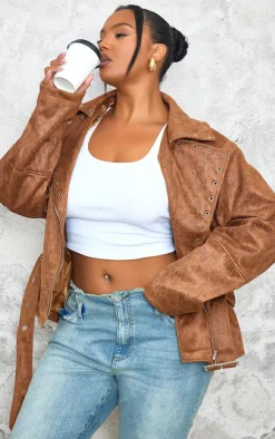 PrettyLittleThing Faux Leather Jackets*Plus Washed Faux Leather Hardware Detail Belted Jacket