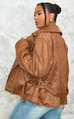 PrettyLittleThing Faux Leather Jackets*Plus Washed Faux Leather Hardware Detail Belted Jacket