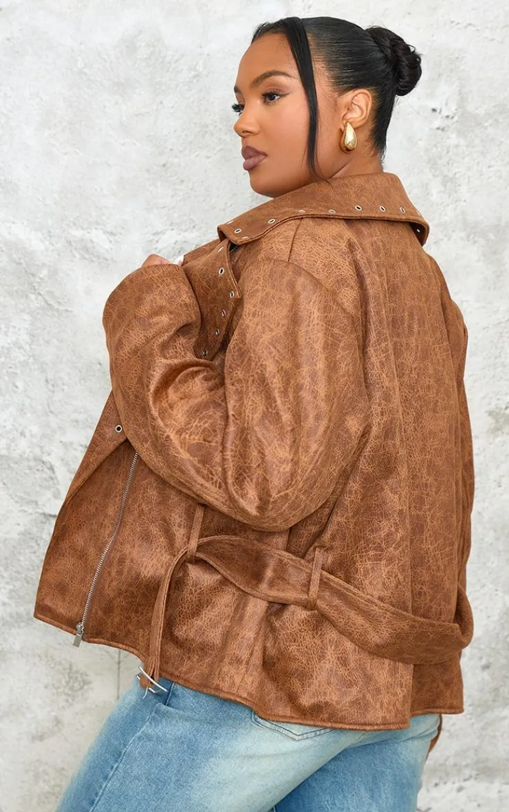 PrettyLittleThing Faux Leather Jackets*Plus Washed Faux Leather Hardware Detail Belted Jacket