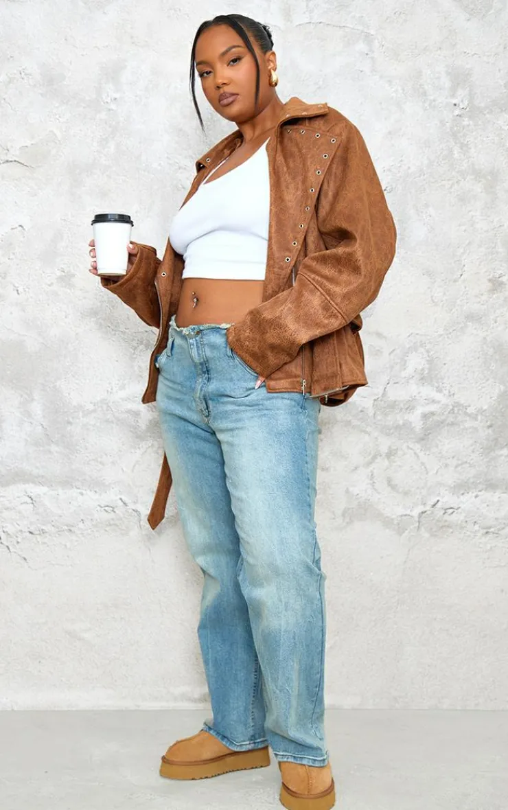 PrettyLittleThing Faux Leather Jackets*Plus Washed Faux Leather Hardware Detail Belted Jacket