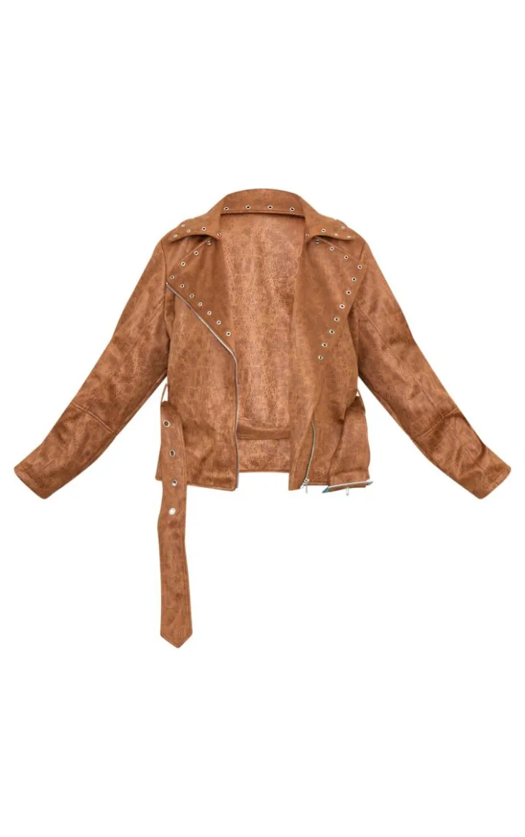 PrettyLittleThing Faux Leather Jackets*Plus Washed Faux Leather Hardware Detail Belted Jacket