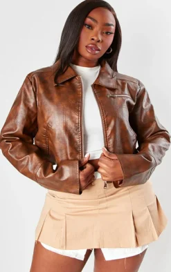 PrettyLittleThing Faux Leather Jackets*Plus Washed Faux Leather Zip Detail Cropped Jacket