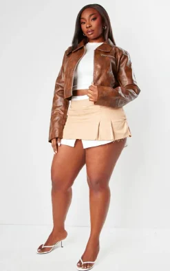 PrettyLittleThing Faux Leather Jackets*Plus Washed Faux Leather Zip Detail Cropped Jacket