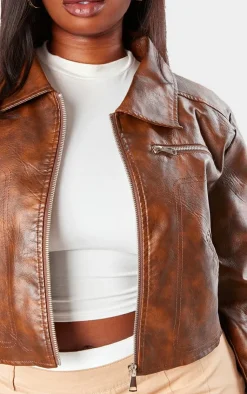 PrettyLittleThing Faux Leather Jackets*Plus Washed Faux Leather Zip Detail Cropped Jacket