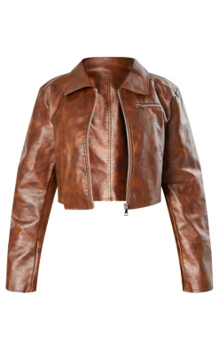 PrettyLittleThing Faux Leather Jackets*Plus Washed Faux Leather Zip Detail Cropped Jacket