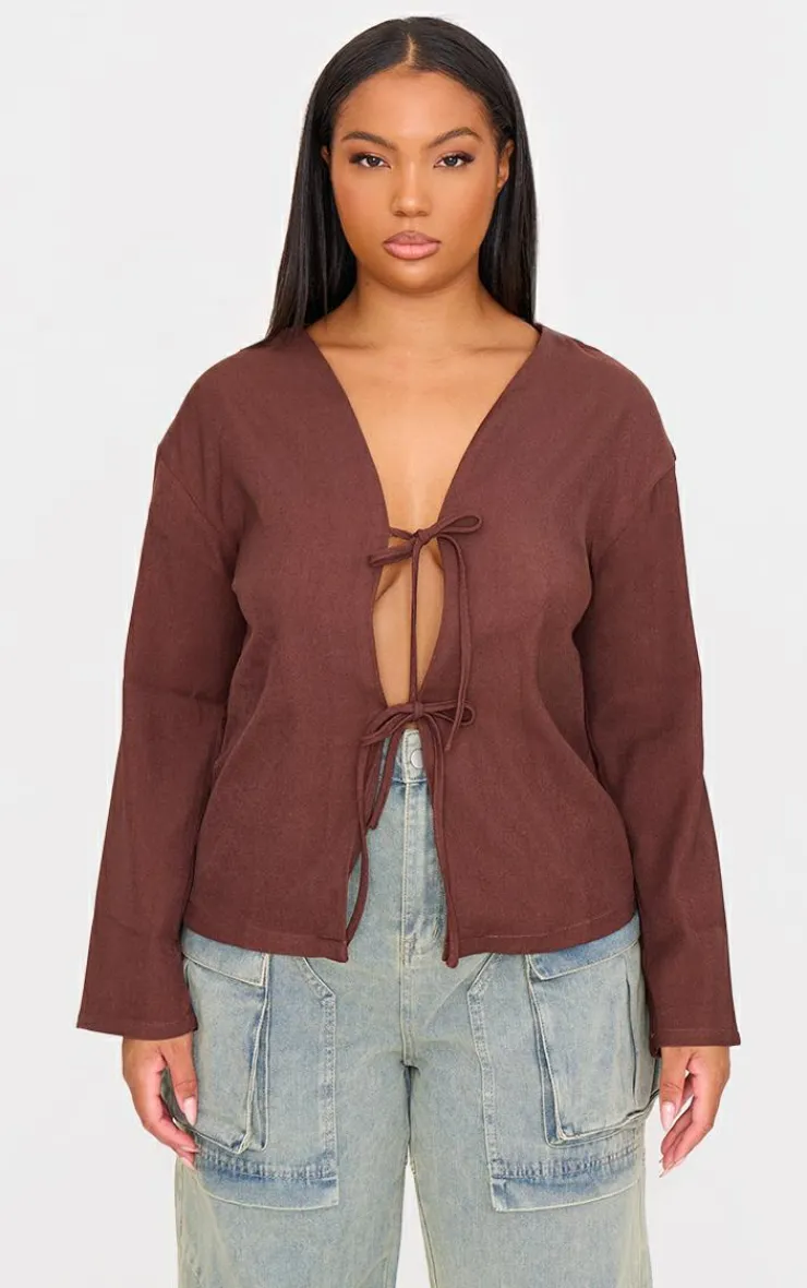 PrettyLittleThing Shirts*Plus Woven Tie Front Flared Sleeve Shirt