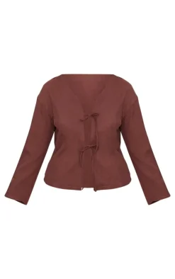 PrettyLittleThing Shirts*Plus Woven Tie Front Flared Sleeve Shirt