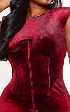 Plus Burgundy Crushed Velvet Corset Extreme Shoulder Bodycon Dress-PrettyLittleThing New