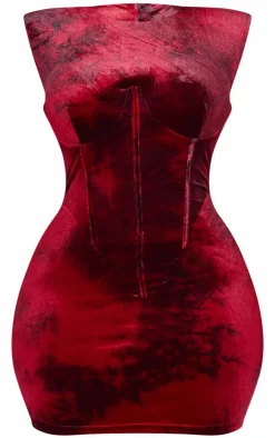 Plus Burgundy Crushed Velvet Corset Extreme Shoulder Bodycon Dress-PrettyLittleThing New