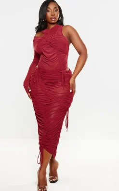 Sale PrettyLittleThing Plus Burgundy Extreme Ruched Seam Detail Midaxi Skirt Dark Red