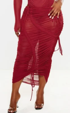 Sale PrettyLittleThing Plus Burgundy Extreme Ruched Seam Detail Midaxi Skirt Dark Red