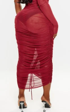 Sale PrettyLittleThing Plus Burgundy Extreme Ruched Seam Detail Midaxi Skirt Dark Red