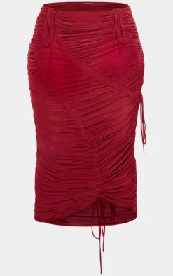 Sale PrettyLittleThing Plus Burgundy Extreme Ruched Seam Detail Midaxi Skirt Dark Red