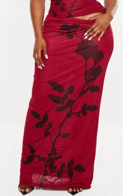 New PrettyLittleThing Plus Burgundy Flower Printed Mesh Ruched Low Rise Maxi Skirt Dark Red