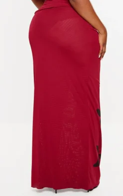New PrettyLittleThing Plus Burgundy Flower Printed Mesh Ruched Low Rise Maxi Skirt Dark Red