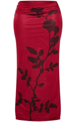 New PrettyLittleThing Plus Burgundy Flower Printed Mesh Ruched Low Rise Maxi Skirt Dark Red