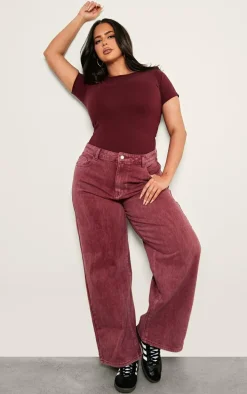 Plus Burgundy Premium Cotton Cap Sleeve Fitted Bodysuit