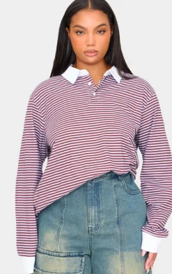PrettyLittleThing T-Shirts*Plus Striped Collared Oversized Long Sleeve T Shirt