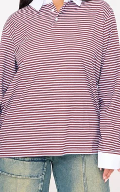 PrettyLittleThing T-Shirts*Plus Striped Collared Oversized Long Sleeve T Shirt