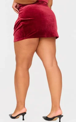 PrettyLittleThing Plus Velvet Wrap Detail Mini Skirt Burgundy