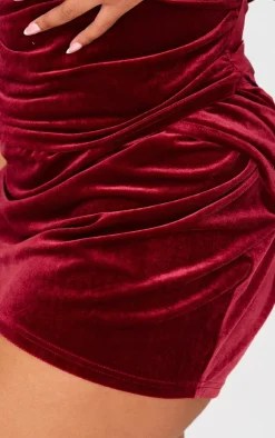 PrettyLittleThing Plus Velvet Wrap Detail Mini Skirt Burgundy