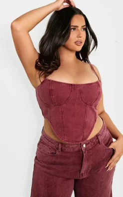 Sale PrettyLittleThing Plus Washed Denim Dipped Hem Corset Top Burgundy