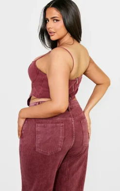 Sale PrettyLittleThing Plus Washed Denim Dipped Hem Corset Top Burgundy