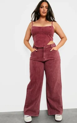 Sale PrettyLittleThing Plus Washed Denim Dipped Hem Corset Top Burgundy