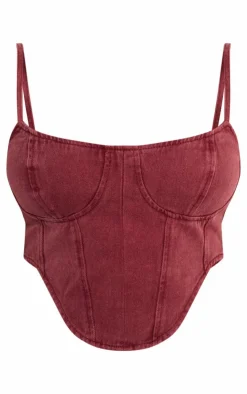 Sale PrettyLittleThing Plus Washed Denim Dipped Hem Corset Top Burgundy
