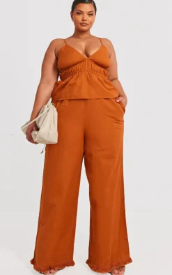 Best PrettyLittleThing Plus Linen Look Frayed Hem Wide Leg Pants Burnt Orange
