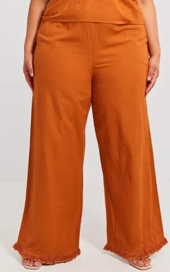 Best PrettyLittleThing Plus Linen Look Frayed Hem Wide Leg Pants Burnt Orange