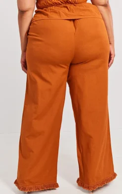 Best PrettyLittleThing Plus Linen Look Frayed Hem Wide Leg Pants Burnt Orange