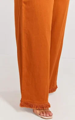 Best PrettyLittleThing Plus Linen Look Frayed Hem Wide Leg Pants Burnt Orange