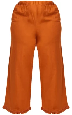 Best PrettyLittleThing Plus Linen Look Frayed Hem Wide Leg Pants Burnt Orange