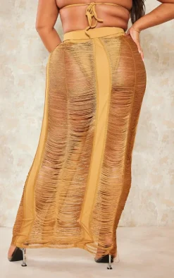 Plus Camel Fringed Maxi Skirt