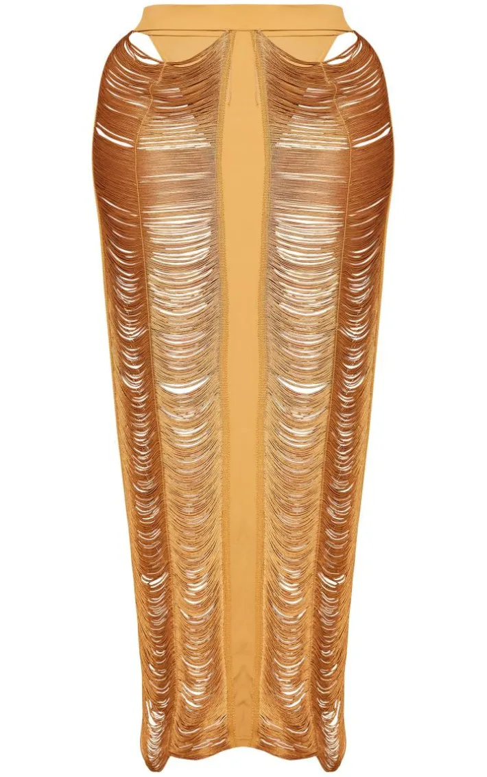 Plus Camel Fringed Maxi Skirt