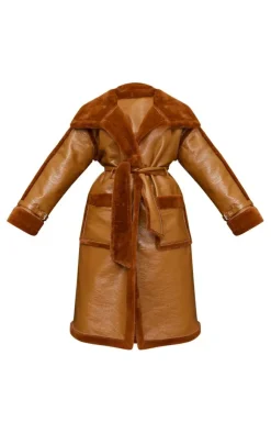 PrettyLittleThing Faux Fur Coats*Plus Vinyl Contrast Faux Fur Midi Coat
