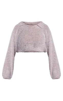 PrettyLittleThing Sweaters*Plus Fluffy Knit V Neck Collar Detail Cropped Sweater