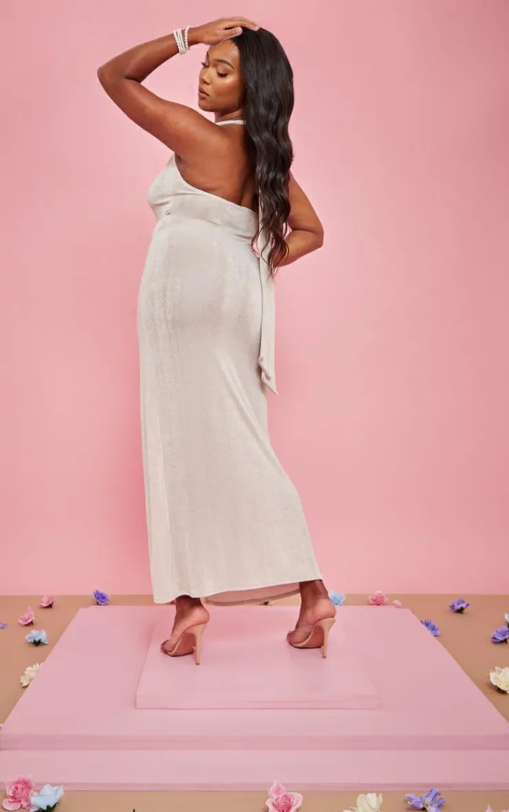 Plus Accetate Slinky Plunge Halterneck Maxi Dress-PrettyLittleThing Outlet